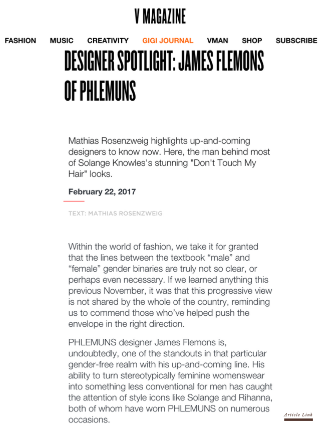 V MAGAZINE - DESIGNER SPOTLIGHT: JAMES FLEMONS OF PHLEMUNS
